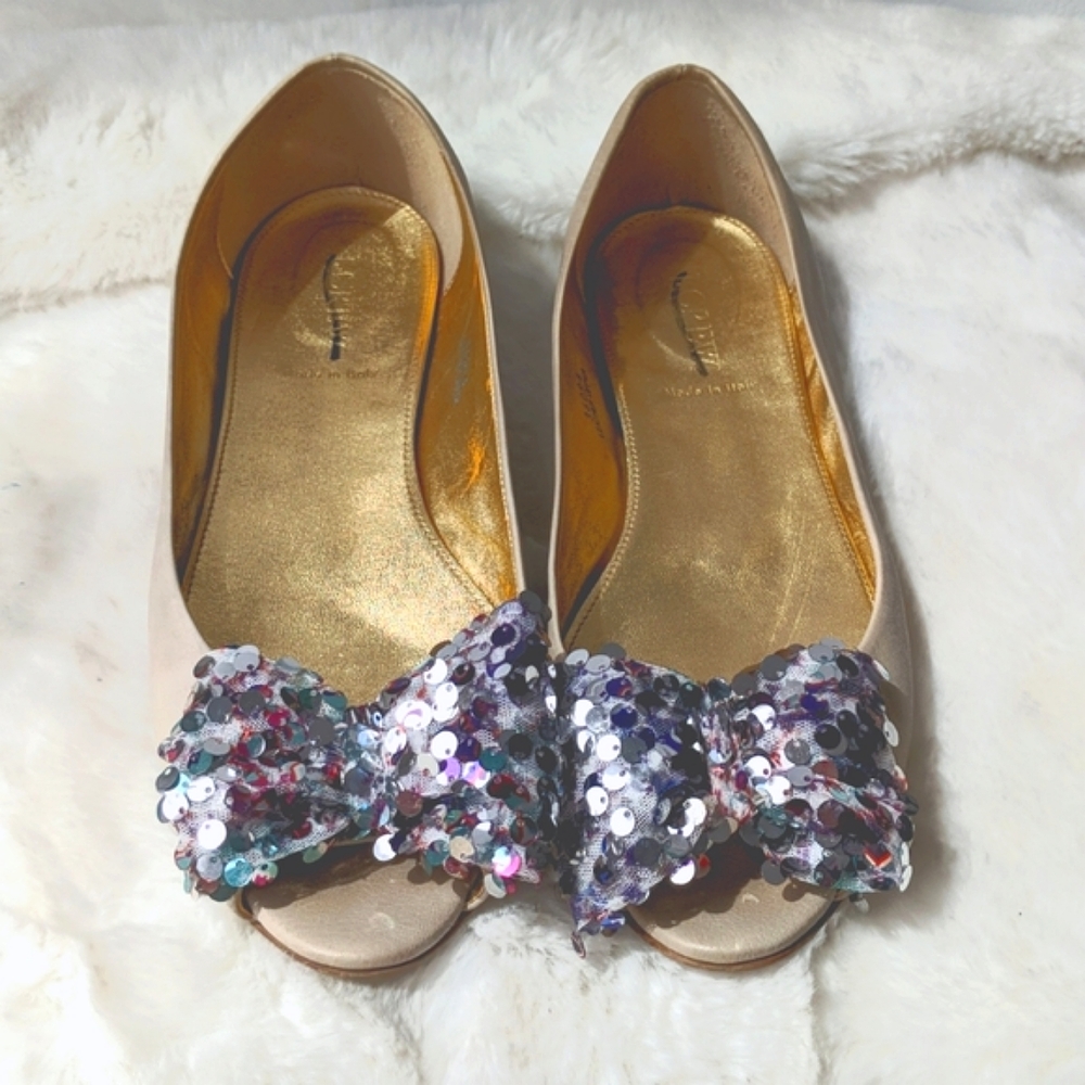 J.Crew Peep Toe Sequin bow flats